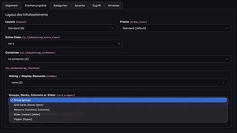 Card Layout auswählen